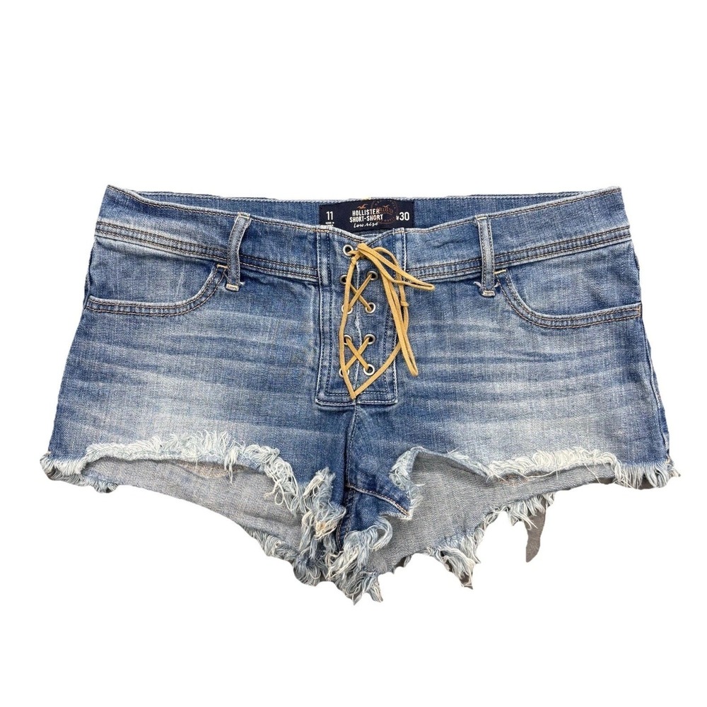 Hollister Short Short Low Rise Denim Size 11 Lace Up Distressed Mini Micro Y2K